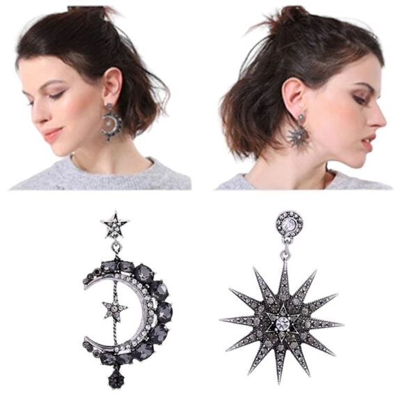 Star Crescent Moon Mismatched Silver Tone Smoky Crystal Dangle Earrings NWT - Picture 10 of 12